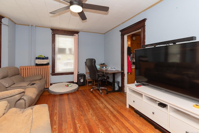 213 Easton Ave, Waterbury, CT 06704 - living room featuring radiator heating unit, a ceiling fan, light wood finished floors, and an office area