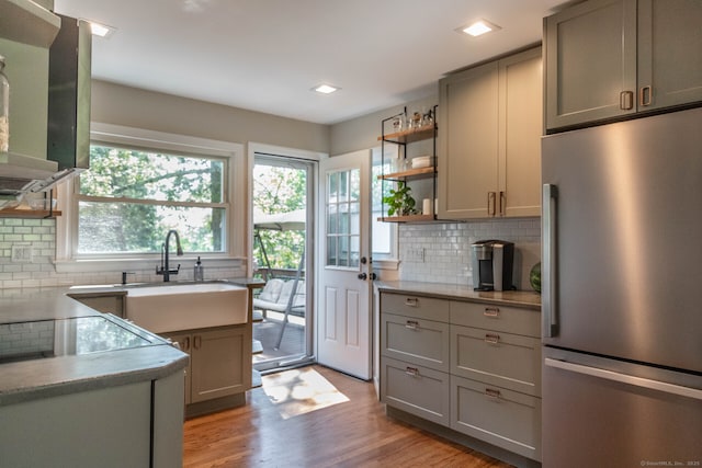47 Chestnut Hill Rd, East Hampton, CT 06424 - kitchen featuring stainless steel fridge, gray cabinetry, open shelves, tasteful backsplash, and recessed lighting