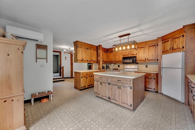 412 Goshen Rd, Litchfield, CT 06759 - kitchen featuring white appliances, a wall mounted air conditioner, an island with sink, light countertops, and brown cabinetry