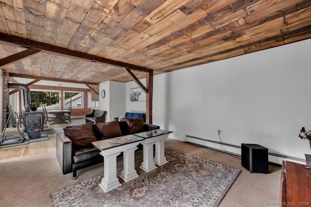 412 Goshen Rd, Litchfield, CT 06759 - living room featuring baseboard heating, a wooden ceiling with exposed beams, carpet flooring, and a wood stove