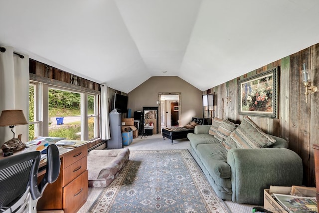 412 Goshen Rd, Litchfield, CT 06759 - living room featuring light colored carpet, vaulted ceiling, and wood walls