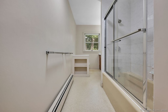 412 Goshen Rd, Litchfield, CT 06759 - bathroom with baseboard heating, bath / shower combo with glass door, and speckled floor