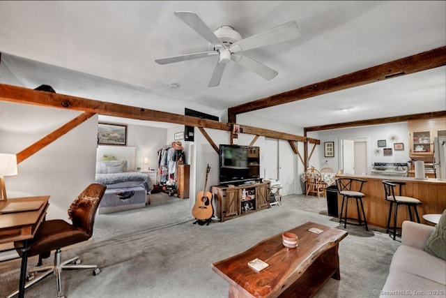 412 Goshen Rd, Litchfield, CT 06759 - living room featuring carpet floors, beam ceiling, and a ceiling fan