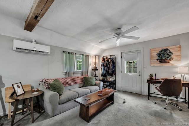 412 Goshen Rd, Litchfield, CT 06759 - carpeted living room featuring a wall mounted AC, healthy amount of natural light, a ceiling fan, and lofted ceiling