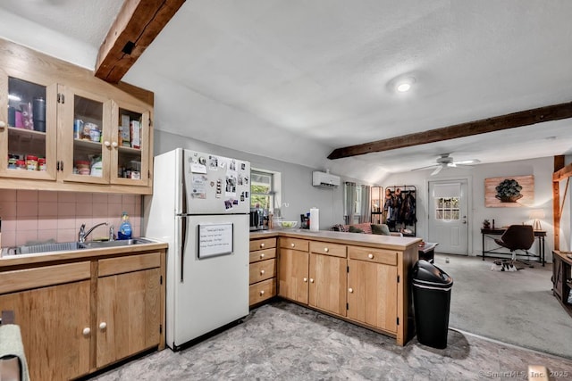 412 Goshen Rd, Litchfield, CT 06759 - kitchen with freestanding refrigerator, a peninsula, light countertops, and a ceiling fan