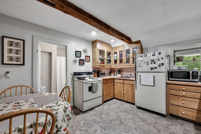412 Goshen Rd, Litchfield, CT 06759 - kitchen with white appliances, beam ceiling, glass insert cabinets, light countertops, and recessed lighting