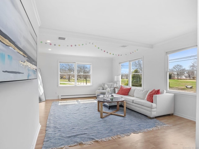 465 Edward St, Fairfield, CT 06824 - living room with ornamental molding, plenty of natural light, light wood-type flooring, and baseboard heating