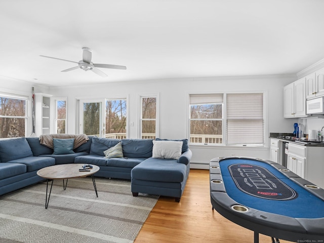 465 Edward St, Fairfield, CT 06824 - living room with light wood-type flooring, crown molding, a ceiling fan, and a baseboard radiator
