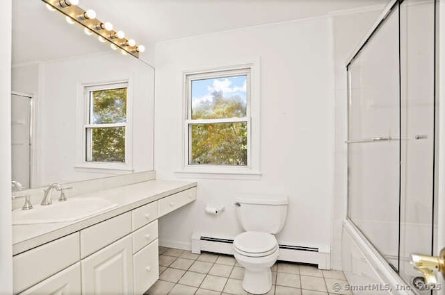 465 Edward St, Fairfield, CT 06824 - full bathroom with vanity, tile patterned floors, a baseboard heating unit, bath / shower combo with glass door, and ornamental molding