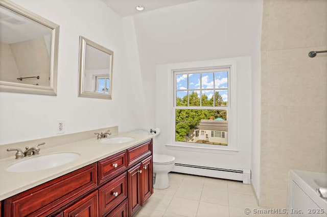 465 Edward St, Fairfield, CT 06824 - full bath with double vanity, a baseboard radiator, tile patterned flooring, and a bathtub