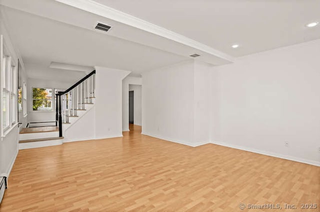 465 Edward St, Fairfield, CT 06824 - unfurnished living room featuring light wood finished floors, stairs, recessed lighting, and a baseboard heating unit
