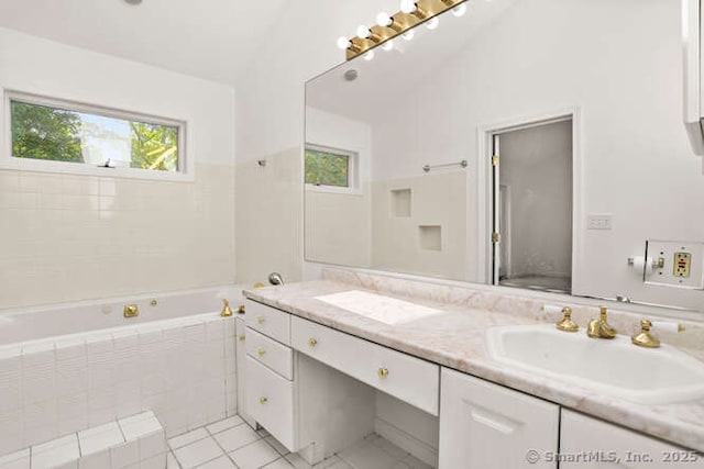 465 Edward St, Fairfield, CT 06824 - full bathroom with lofted ceiling, vanity, a bath, and tile patterned flooring