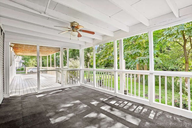 465 Edward St, Fairfield, CT 06824 - unfurnished sunroom with a ceiling fan and beamed ceiling