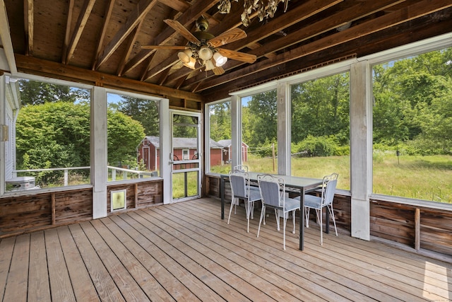 905 Meriden Ave, Southington, CT 06489 - sunroom featuring outdoor dining area, a ceiling fan, and view of wooded area
