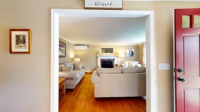 3 Lower Lake Rd, Danbury, CT 06811 - living room with a fireplace, wood finished floors, and an AC wall unit