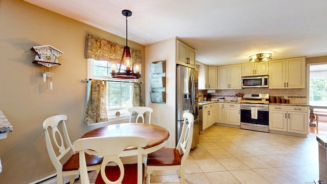 3 Lower Lake Rd, Danbury, CT 06811 - kitchen with stainless steel appliances, cream cabinets, backsplash, light tile patterned floors, and a baseboard heating unit