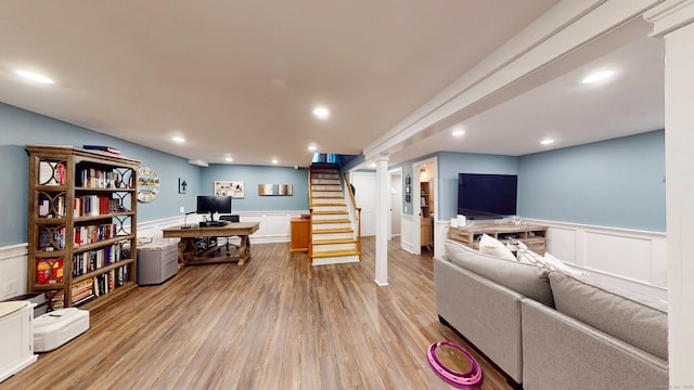 3 Lower Lake Rd, Danbury, CT 06811 - living area with a wainscoted wall, light wood-style floors, stairway, recessed lighting, and a decorative wall