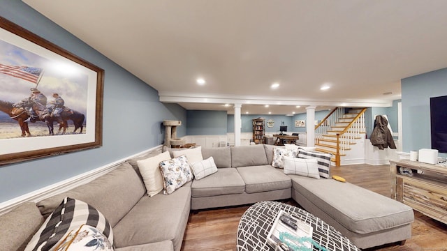 3 Lower Lake Rd, Danbury, CT 06811 - living room featuring decorative columns, wood finished floors, recessed lighting, stairs, and wainscoting