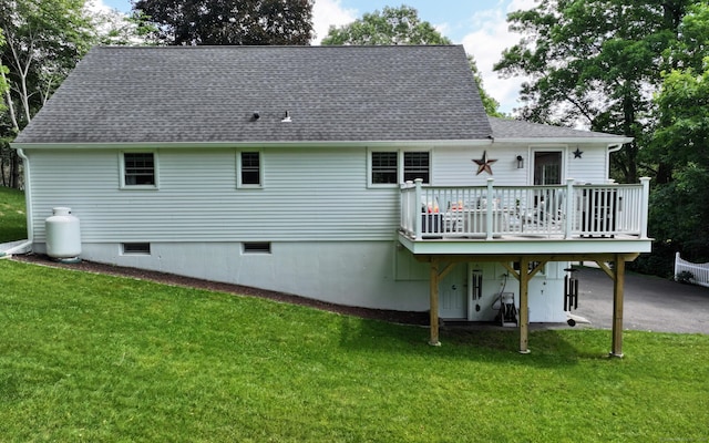 3 Lower Lake Rd, Danbury, CT 06811 - back of property featuring a deck, a yard, and a shingled roof