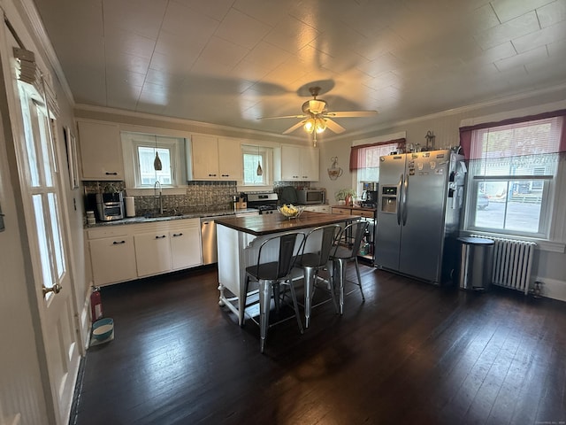 352 Church St, Putnam, CT 06260 - kitchen with radiator heating unit, appliances with stainless steel finishes, dark wood finished floors, white cabinetry, and crown molding