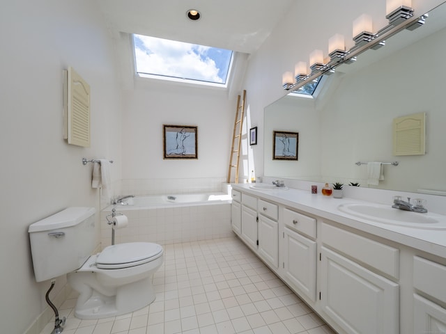 26 Wilton Crst Unit 26, Wilton, CT 06897 - full bath featuring a skylight, a garden tub, double vanity, tile patterned floors, and a high ceiling