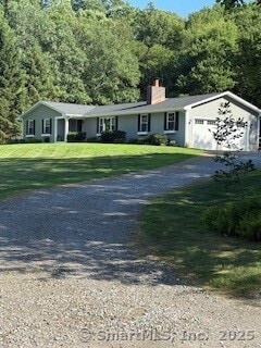 1 Brookfield Rd, Harwinton, CT 06791 - ranch-style home with dirt driveway, a chimney, a front lawn, a garage, and a wooded view