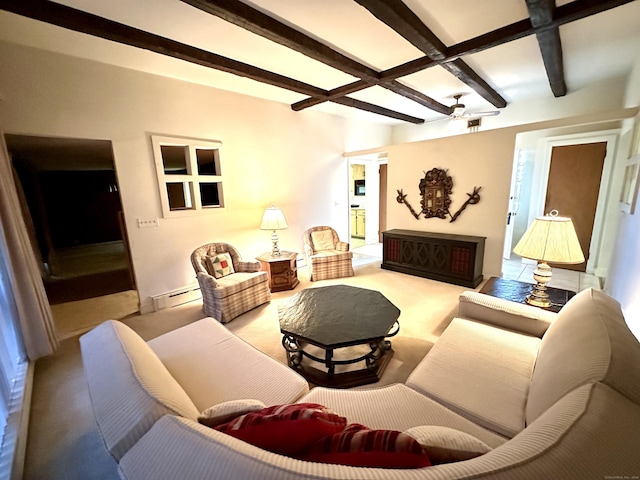 23 S Elm St, Windsor Locks, CT 06096 - carpeted living room with a baseboard heating unit and beamed ceiling