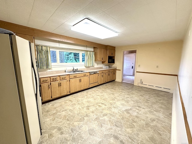 23 S Elm St, Windsor Locks, CT 06096 - kitchen with freestanding refrigerator, a baseboard radiator, dishwashing machine, light stone finish flooring, and light countertops