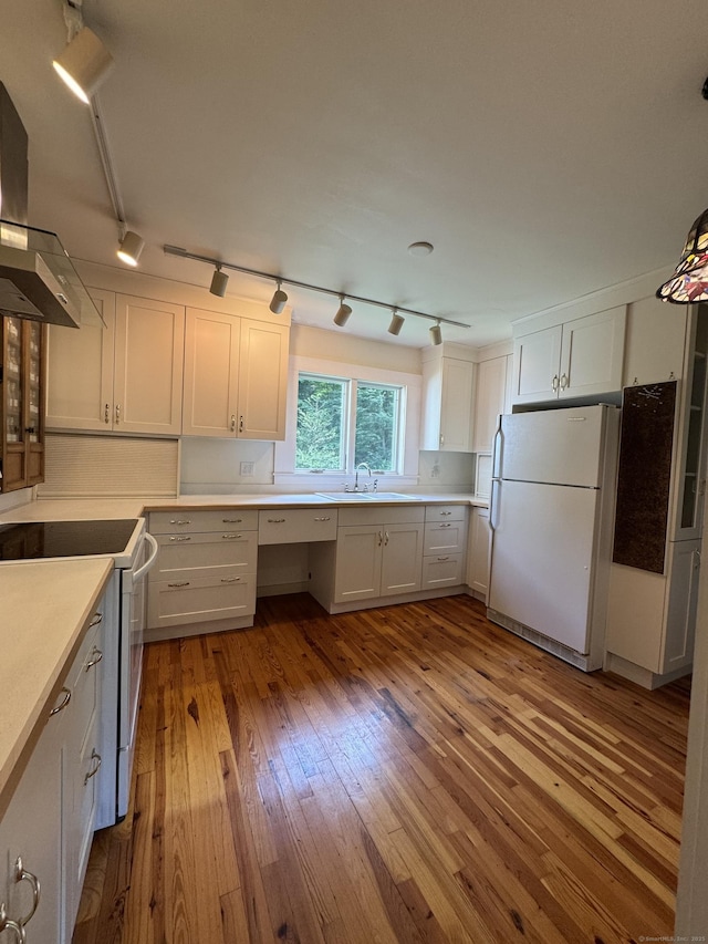 23 Mountain Rd, Mansfield, CT 06250 - kitchen with white appliances, track lighting, ventilation hood, hardwood / wood-style floors, and light countertops