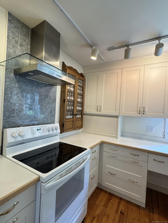 23 Mountain Rd, Mansfield, CT 06250 - kitchen with electric range, wall chimney exhaust hood, rail lighting, and light countertops