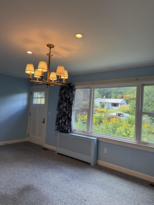 23 Mountain Rd, Mansfield, CT 06250 - unfurnished dining area featuring radiator heating unit, a chandelier, carpet floors, and recessed lighting