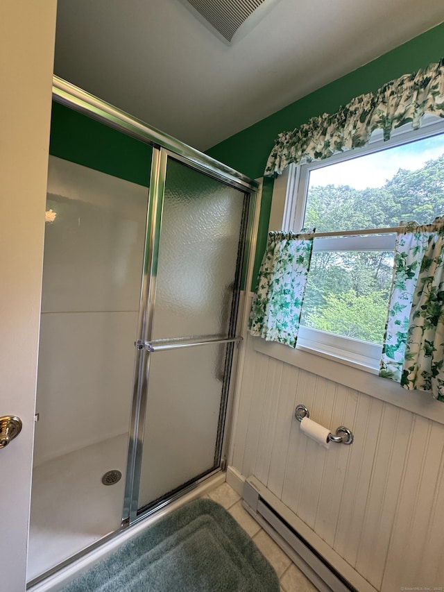 23 Mountain Rd, Mansfield, CT 06250 - bathroom featuring a shower stall, tile patterned flooring, and baseboard heating