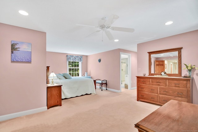 373 Broad Way, Coventry, CT 06238 - bedroom with light colored carpet, recessed lighting, a ceiling fan, and ensuite bath
