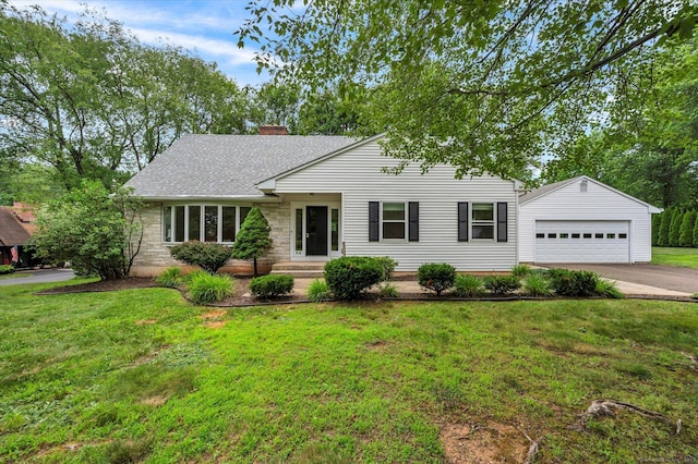 24 Iron Gate Ln, Cromwell, CT 06416 - view of front facade with asphalt driveway, a chimney, a front lawn, and a shingled roof