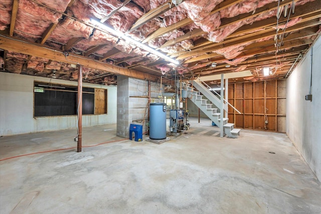 24 Iron Gate Ln, Cromwell, CT 06416 - unfinished basement with water heater, stairs, and a heating unit