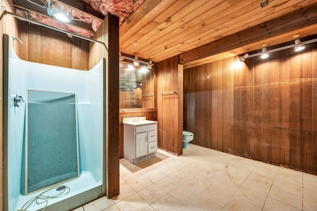 24 Iron Gate Ln, Cromwell, CT 06416 - bathroom featuring wood walls, vanity, a shower stall, tile patterned flooring, and wood ceiling