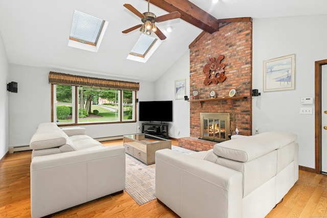 33 Shawnee Ln, Monroe, CT 06468 - living area with ceiling fan, a baseboard radiator, a skylight, light wood-style floors, and a fireplace