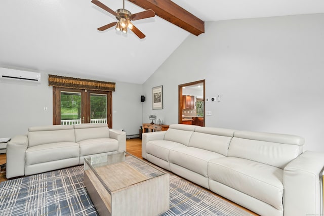 33 Shawnee Ln, Monroe, CT 06468 - living room with a wall mounted air conditioner, beamed ceiling, ceiling fan, wood finished floors, and high vaulted ceiling