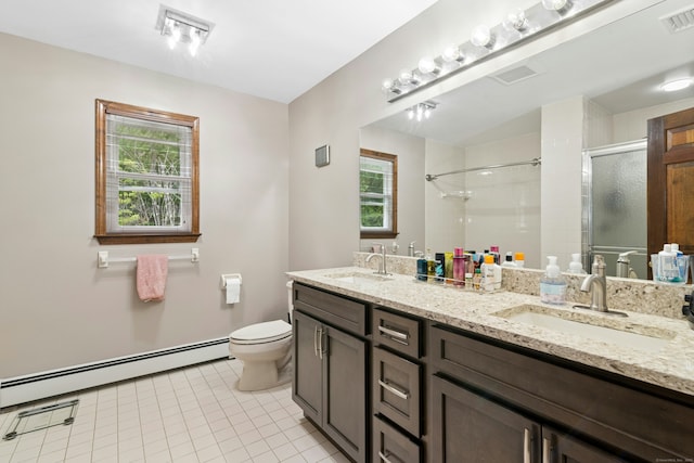 33 Shawnee Ln, Monroe, CT 06468 - bathroom featuring baseboard heating, a stall shower, double vanity, and tile patterned flooring