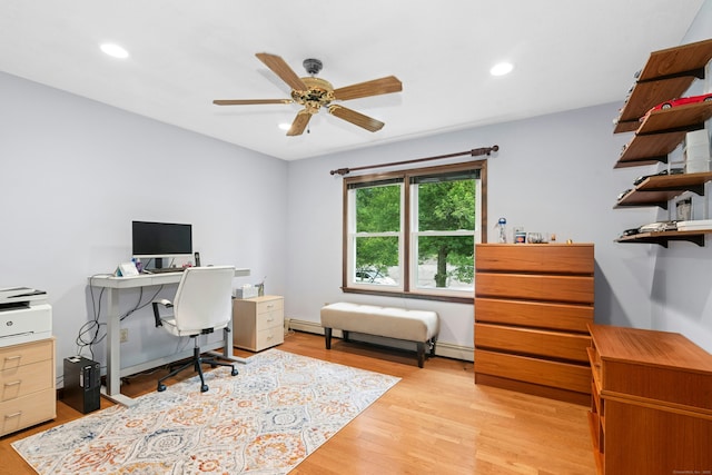 33 Shawnee Ln, Monroe, CT 06468 - office with a ceiling fan, light wood-style floors, recessed lighting, and a baseboard heating unit