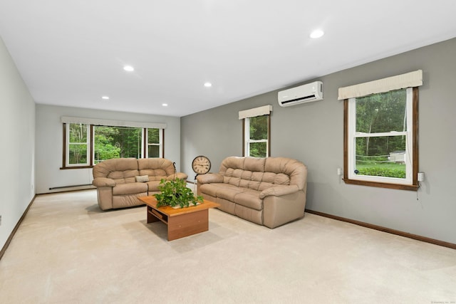 33 Shawnee Ln, Monroe, CT 06468 - living room with a wall mounted air conditioner, light colored carpet, recessed lighting, and plenty of natural light