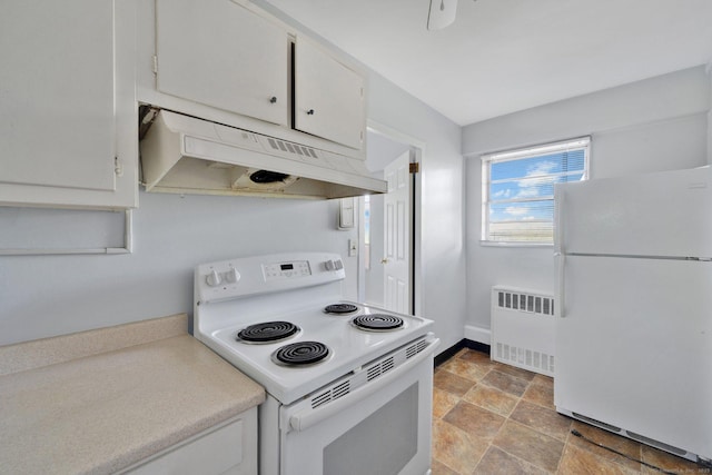 80 Cartright St Unit 8E, Bridgeport, CT 06604 - kitchen featuring white appliances, under cabinet range hood, radiator heating unit, stone finish floors, and light countertops
