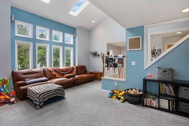 5 Legion Rd, Seymour, CT 06483 - carpeted living area with a skylight, high vaulted ceiling, and recessed lighting