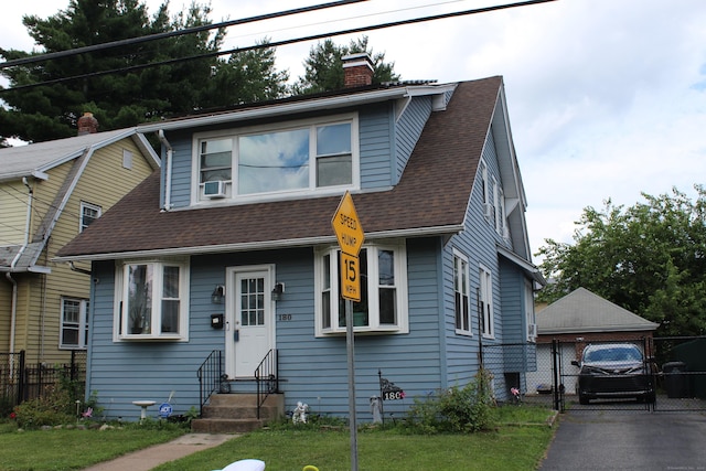180 Victoria Rd, Hartford, CT 06114 - colonial inspired home featuring entry steps, a garage, a chimney, roof with shingles, and a gate