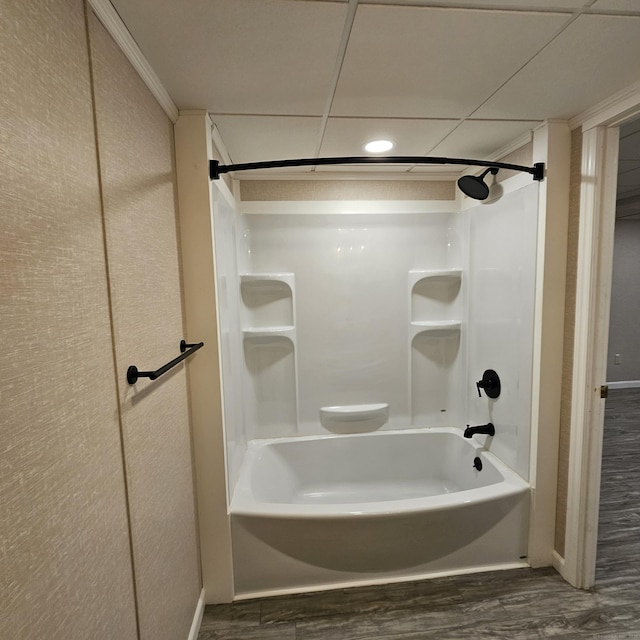50 Meadow St, Meriden, CT 06451 - full bath featuring wood finished floors, bathing tub / shower combination, and a paneled ceiling