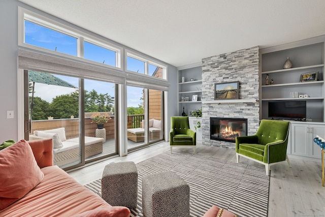 28 Biltmore Park Unit 28, Bloomfield, CT 06002 - living area with a stone fireplace, light wood-style floors, and built in features