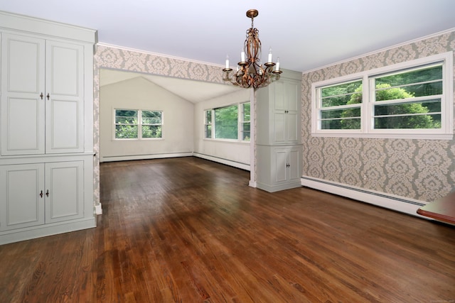 355 Surrey Ln, Fairfield, CT 06824 - unfurnished dining area featuring a chandelier, a baseboard heating unit, wallpapered walls, dark wood-style floors, and vaulted ceiling