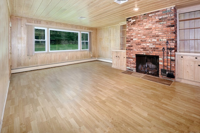 355 Surrey Ln, Fairfield, CT 06824 - unfurnished living room with a baseboard radiator, wood ceiling, wood finished floors, built in shelves, and wood walls