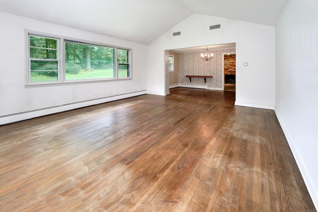 355 Surrey Ln, Fairfield, CT 06824 - unfurnished living room featuring a chandelier, baseboard heating, vaulted ceiling, and wood finished floors