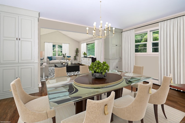 355 Surrey Ln, Fairfield, CT 06824 - dining space with a chandelier, dark wood-type flooring, and lofted ceiling